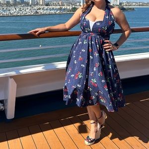 Vintage Navy & Red Cherry Print Shelia Swing Dress! Used.